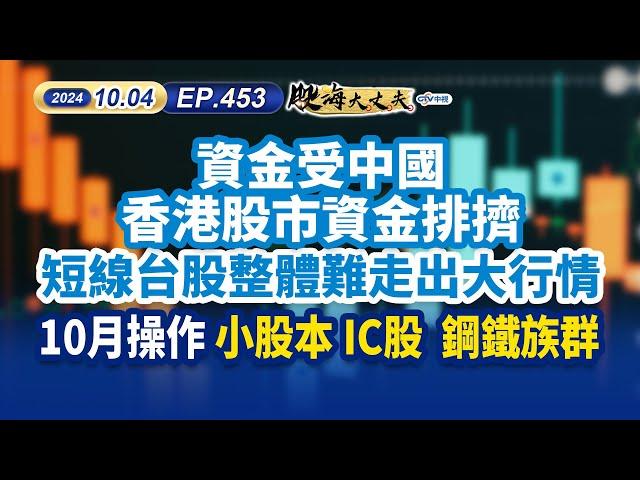 中視【股海大丈夫】20241004#陳建誠：資金受中國 香港股市資金排擠 短線台股整體難走出大行情10月操作 小股本 IC股 鋼鐵族群 #快來聽聽股海 #中視 #中視新聞 #股海大丈夫 #永誠國際投顧