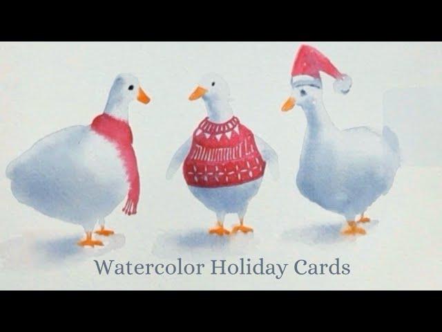 EASY Watercolor Christmas Card for Beginners. How to paint ducks for HOLIDAY CARDS?