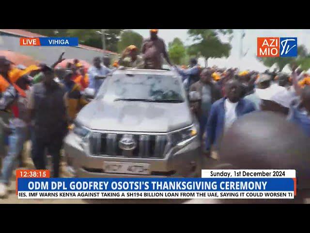 MASSIVE RECEPTION in Vihiga as Raila, Atwoli, Arati and ODM Top Brass arrive at Osotsi thanksgiving