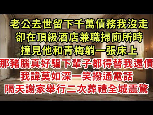 老公去世留下千萬債務我沒走，卻在頂級酒店兼職掃廁所時，撞見老他和青梅躺一張床上「那豬腦真好騙下輩子都得替我還債」我諱莫如深一笑撥通電話，隔天謝家舉行二次葬禮全城震驚#復仇 #逆襲 #爽文