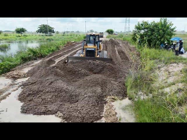 Operator Skills Building New Road Stop FLOODING Bulldozer SHANTUI, DongFeng Truck Unloading Sand