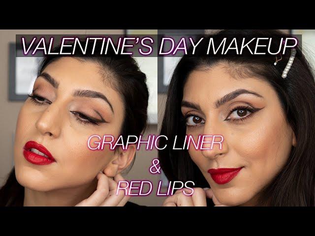 Graphic Liner And Red Lips Makeup Look For Valentine's Day | Foxy Eyes Double Wing Liner