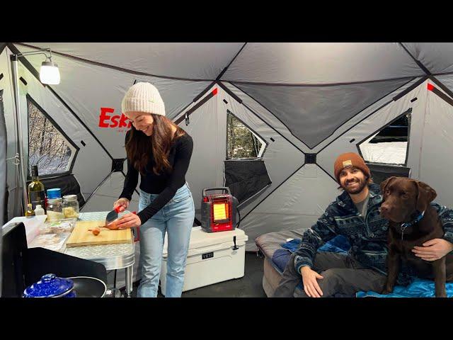 Cozy Winter Camping In Freezing Rain Storm | Cooking Gourmet Risotto