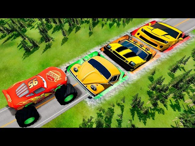 Mega Pits With Bumblebee And Friends vs Monster McQueen And Big & Small PIXAR CARS! BeamNG Battle!