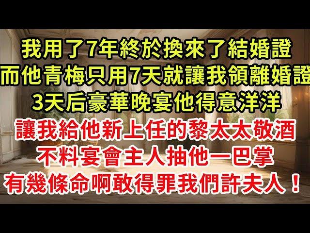 我用了7年終於換來了結婚證，而他青梅只用7天就讓我領離婚證，3天后豪華晚宴他得意洋洋，讓我給他新上任的黎太太敬酒，不料宴會主人抽他一巴掌，有幾條命啊敢得罪我們許夫人！#復仇 #逆襲 #爽文