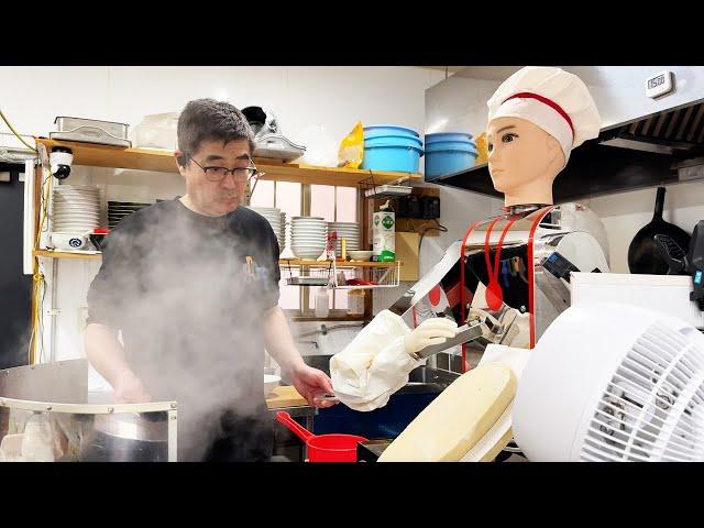 Masterful Knife-Cut Noodles by Robot. The process of making authentic knife-cut noodles and soup