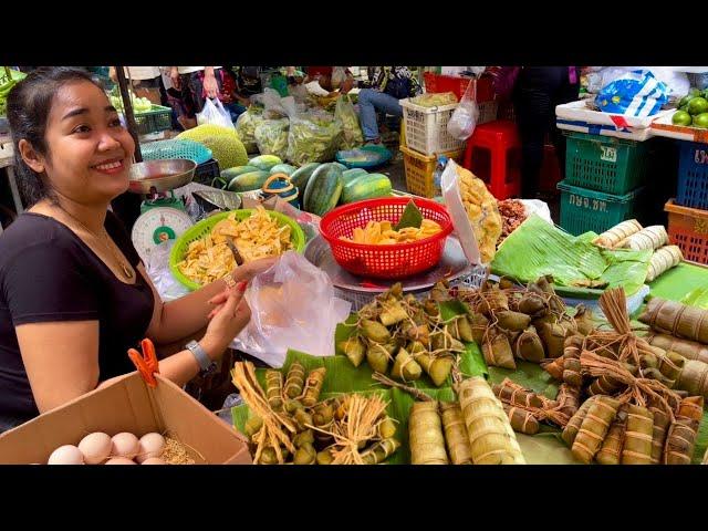 Cambodian Street Food Tour - Delicious Fruits, Cake, Pork, Fish, Vegetables @ Phnom Penh Market