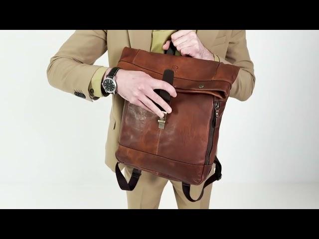 Cognac Brown Matte Leather Roll Top Backpack   The Secret History    Time Resistance 5229101-2