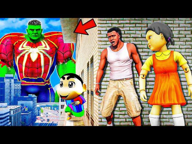 Franklin and Shinchan & Pinchan play HIDE AND KILL with Squid Game Doll In GTA 5