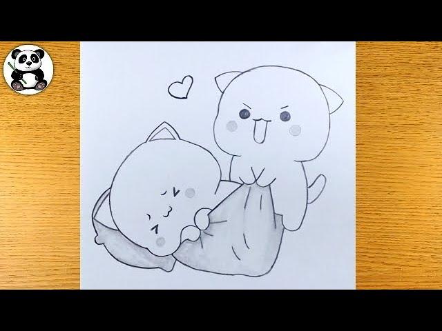 Two cute cat couple pencil drawing | cute art | easy arts | drawing for kids