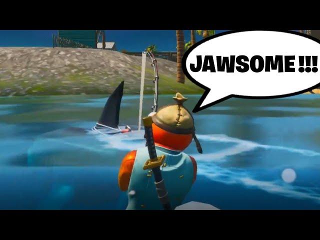 Fortnite Challenge: Use a Fishing Pole to Ride Behind A Loot Shark at Sweaty Sands