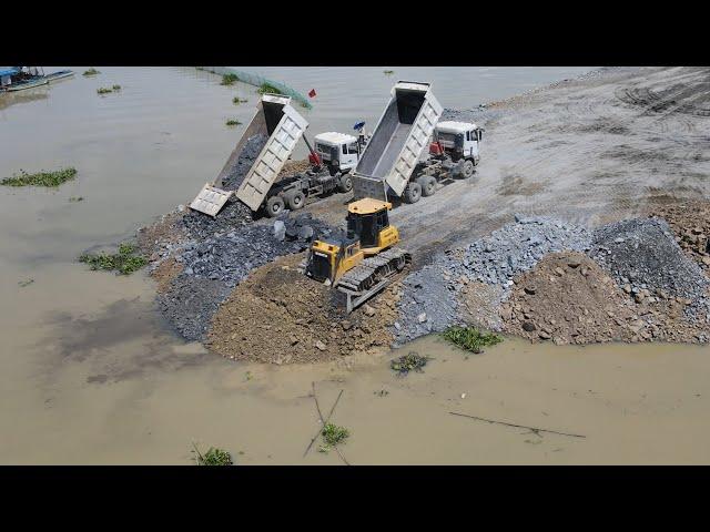 Unthinkable Machine Equipment Build New Road Bulldozer Push Big Stone to Water &25Ton Truck Unloads