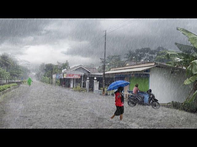 Heavy Rain in a Village Full of Green Trees | Fresh atmosphere in Indonesian village | ASMR