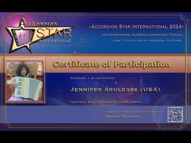 Accordion Star International 2024 Jennifer Aruldass (USA)  Cat 1 (8 and Under)