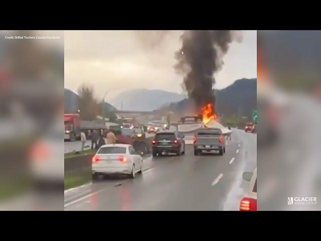 Fiery crash leaves people injured, closes Highway 1 between Chilliwack and Abbotsford