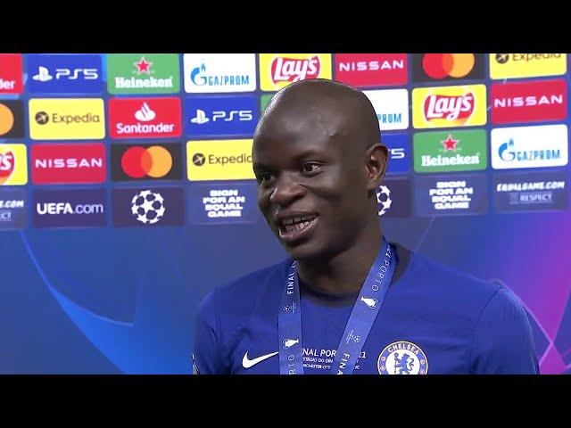 N'Golo Kanté reacts to winning the UEFA Champions League.