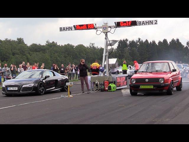 600HP VW Golf 2 VR6 TURBO vs Audi R8 vs Dodge Challenger SRT8