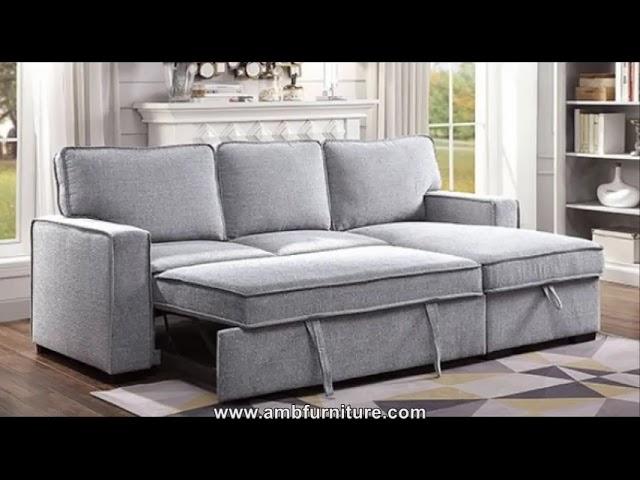 CM6964 2 pc Ines gray linen like fabric sectional sofa reversible storage chaise pop up sleep area