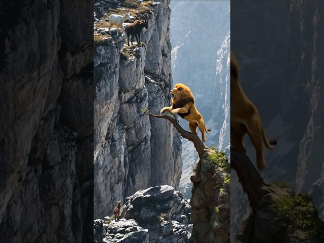 Lion Attacks Mountain Goat on Cliff Edge ⁉️  #shorts #lion #goat #babygoat #mountaingoat