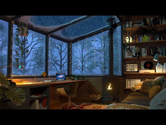 Study Room in Winter with Relaxing Snow and Fireplace Sounds