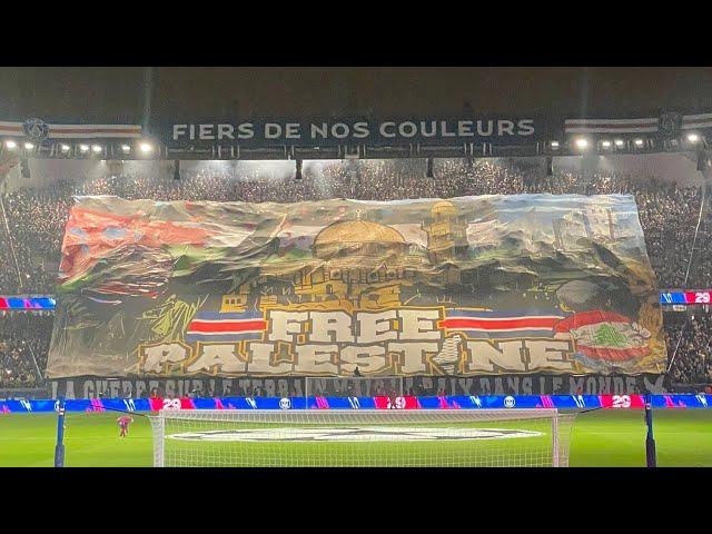 PSG Ultras displaying PRO PALESTINIAN versed tifo in PSG v Atlético Madrid match at Parc des Princes