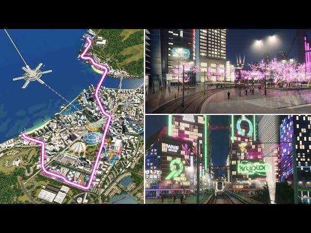 First Person Tram Ride Through Colorful Night Center - Cities: Skylines - Asturis 46