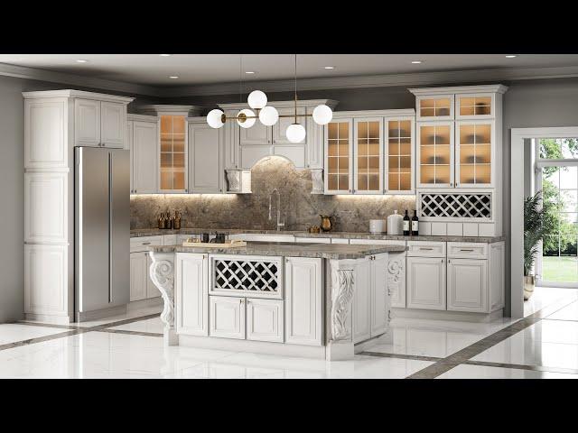 Antique White Kitchen Cabinets by Parriott Wood | Traditional Kitchen with Wood Corbels & Island