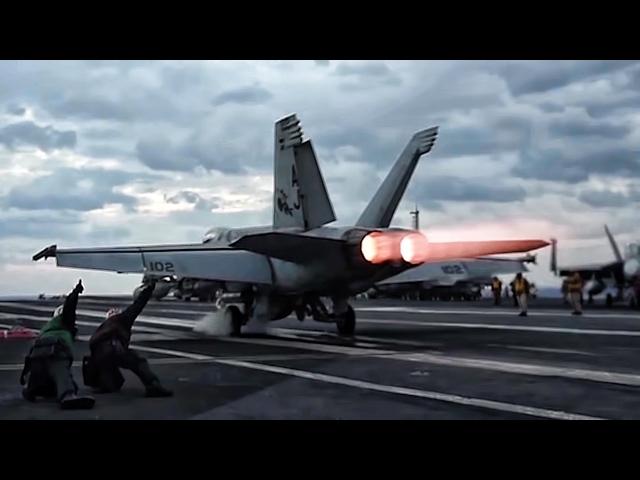 Aircraft Carrier F/A-18 Super Hornets Takeoff