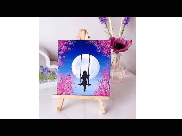 Easy Painting Technique || Alone Girl swinging in the beautiful moonlit night  || Painting