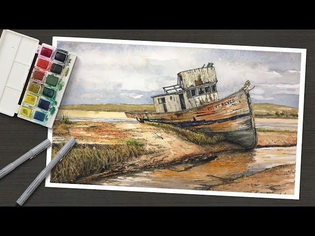 Line and Wash - PEN AND INK and WATERCOLOR - Old Boat