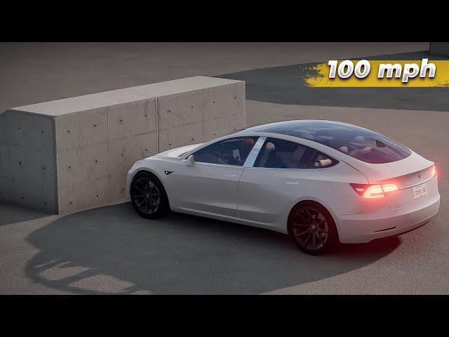 What happens if the Tesla Model 3 hits a wall at 100 mph