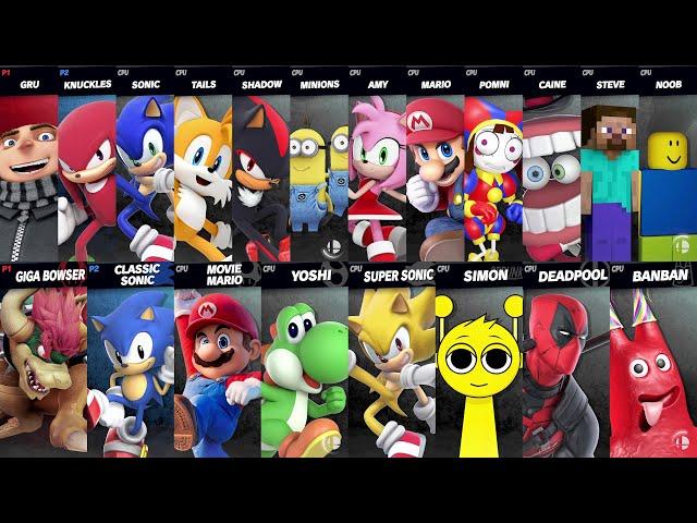 Sonic vs Mario vs Giga Bowser vs Yoshi vs Steve vs Pomni vs Caine | Super Smash Bros Ultimate
