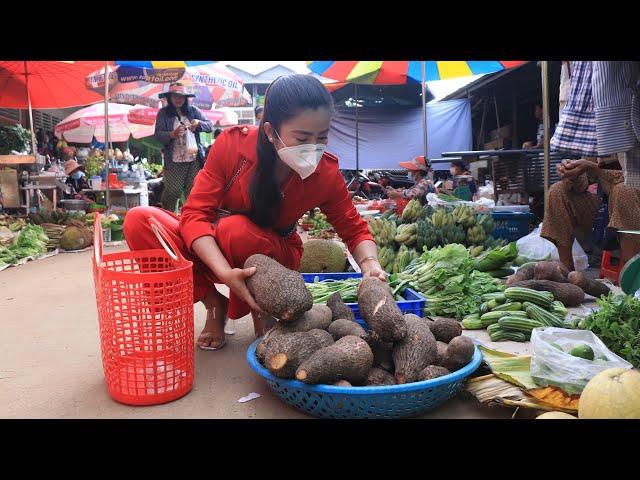 My village market again, Buy ingredient for cooking / Cambodia noodle with chicken curry recipe