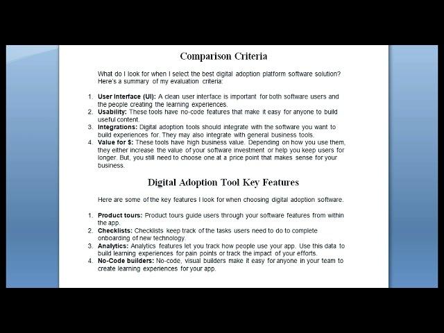 Digital Adoption Tool Key Features | Comparison Criteria | Samidul Tech