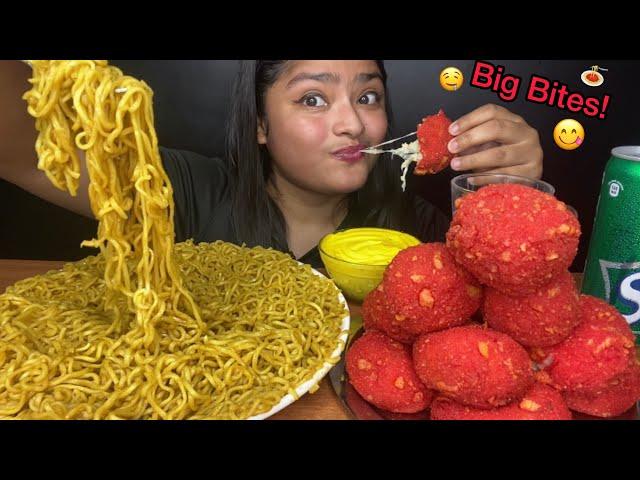 MASALA MAGGI AND CHEETOS CHEESE BALLS WITH CHEESE SAUCE | BIG BITES MUKBANG | FOOD EATING VIDEOS