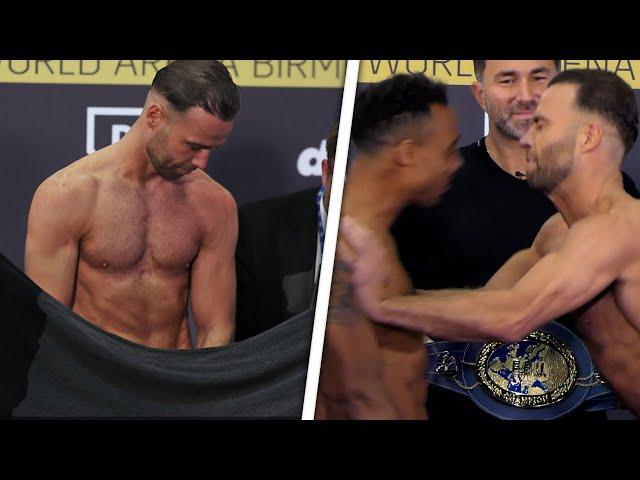 CLOSE CALL! • Felix Cash STRIPS OFF & SHOVES Tyler Denny | WEIGH IN & FACEOFF| DAZN Boxing
