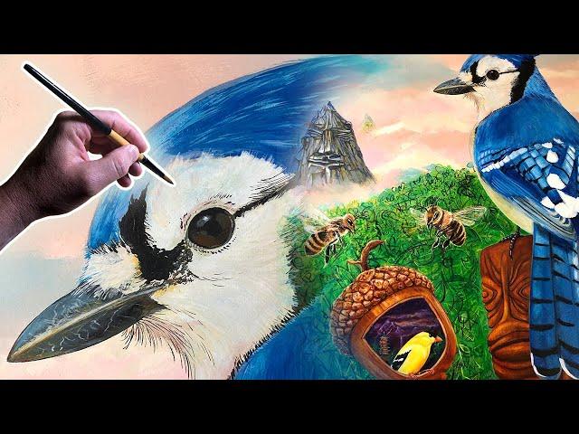 Time-lapse Acrylic Painting Blue Jay, Exotic Surrealist Scene: "Exploring Beyond Wheezy's Wall" 03