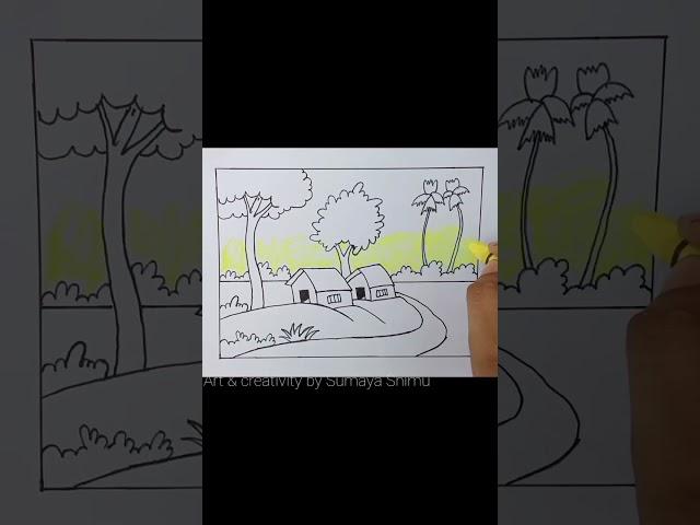 Easy landscape drawing for beginners #shortsvideo #shortsfeed #shortvideo #shorts #youtubeshorts