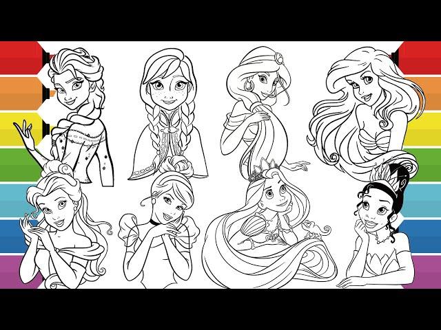 Disney Princess Coloring Pages | Ariel, Jasmine, Rapunzel, Cinderella, Belle, Tiana, Elsa & Anna