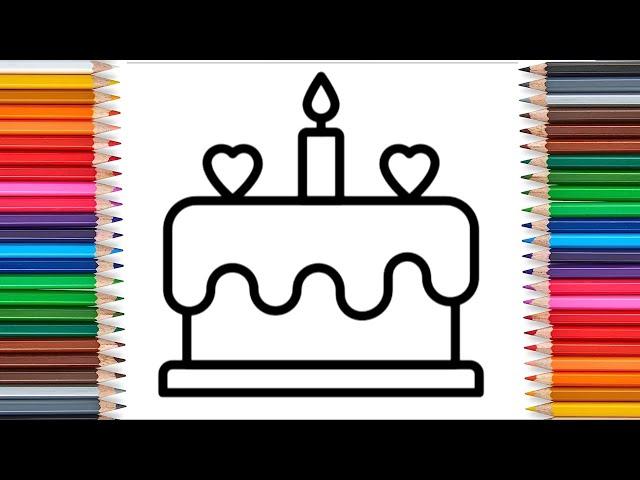 How to draw and color yummy and beautiful cake, easy drawing for toddlers and kids