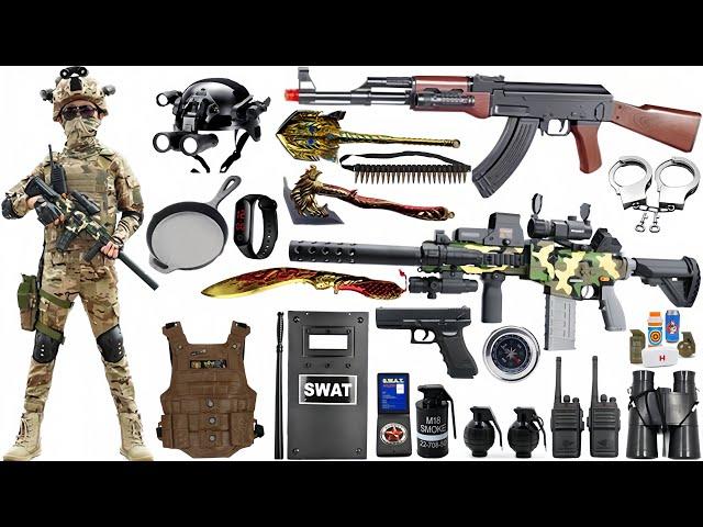 Special police weapon unboxing video, M416 , AK-47, unboxing toy video, gas mask, dagger, knife, axe