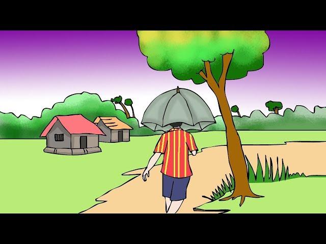 How to draw a scenery of Rainy season by Indrajit Art School