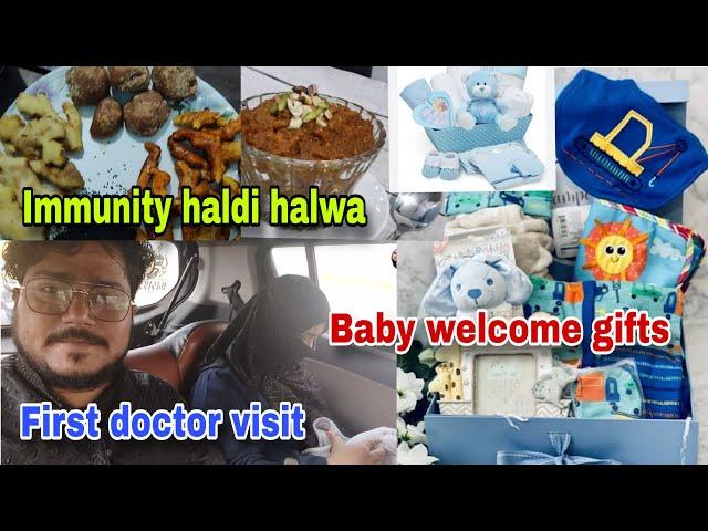 Baby welcome gifts unboxing| Immunity booster Kacchi Haldi k halwa recipe| First doctor visit #vlog