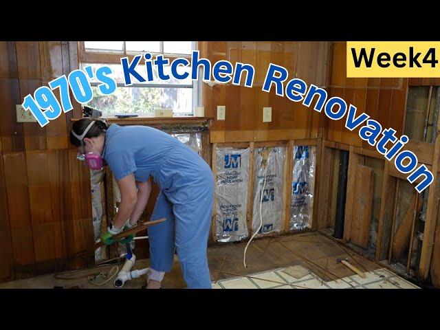 Week 4: Renovating our original 1970s Kitchen! | Taking down wood paneling & another leak | Problems