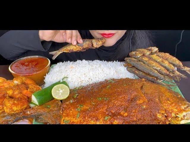 ASMR EATING BIG SPICY FISH CURRY,FISH FRY,WHITE AND SALAD *EATING SHOW*