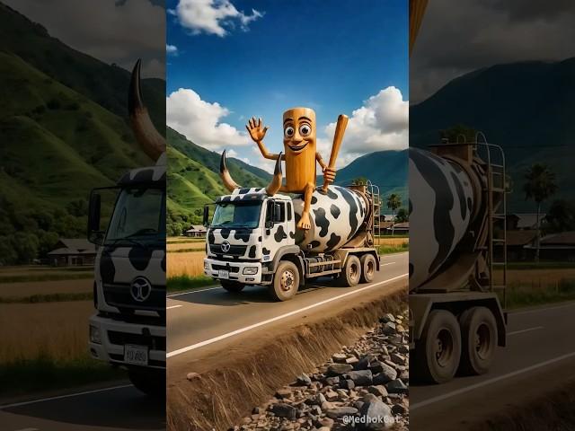 Evolution of Tung tung tung Sahur riding a cow-patterned mixer truck into a haunted house scene