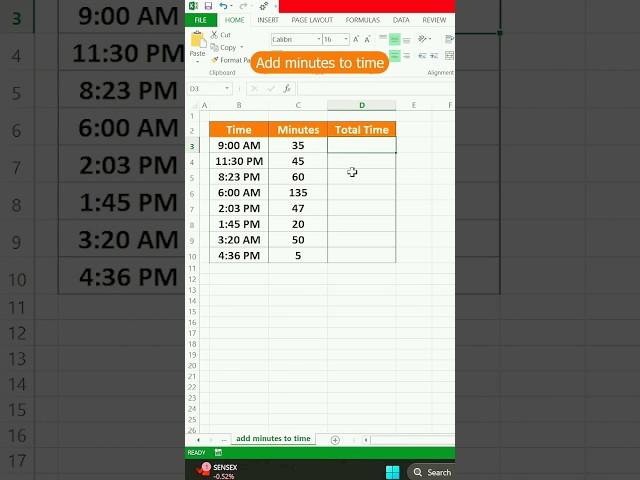 How to add minutes to time in Excel tips and trick #exceltips #tutorial #shortvideo