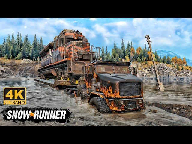 Oshkosh Offroad Truck Towing a Train on Mudding Road In SnowRunner Season 15 #snowrunner #truck #4k