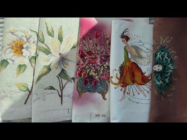 5 finishes Lanarte, Mill Hill, Nora Corbett and new start Mirabilia Madam Mermaid, WIPs Dimensions