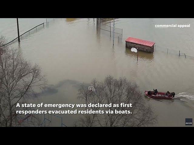 See aerial view of Obion County flash flooding, town of Rives underwater in Tennessee